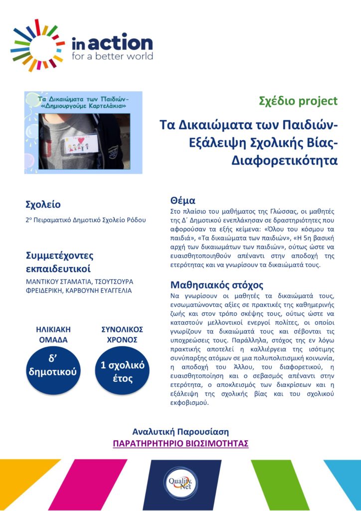 Σχέδιο project - Τα Δικαιώματα των Παιδιών-Εξάλειψη Σχολικής Βίας-Διαφορετικότητα