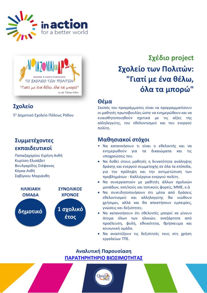 Σχέδιο project - Σχολείο των Πολιτών : "Γιατί με ένα θέλω, όλα τα μπορώ"