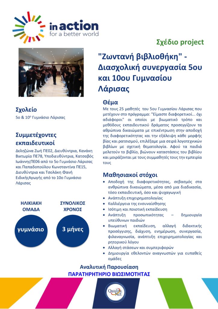Σχέδιο project - "Ζωντανή βιβλιοθήκη" Διασχολική συνεργασία 5ου & 10ου Γυμνασίου Λάρισας